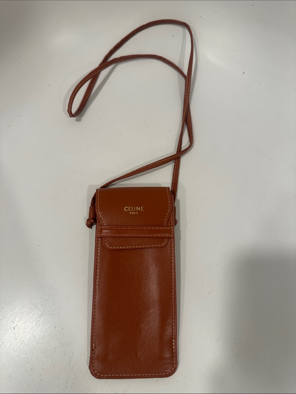 Celine Tan Brown Leather Long-Strap Phone Pouch
